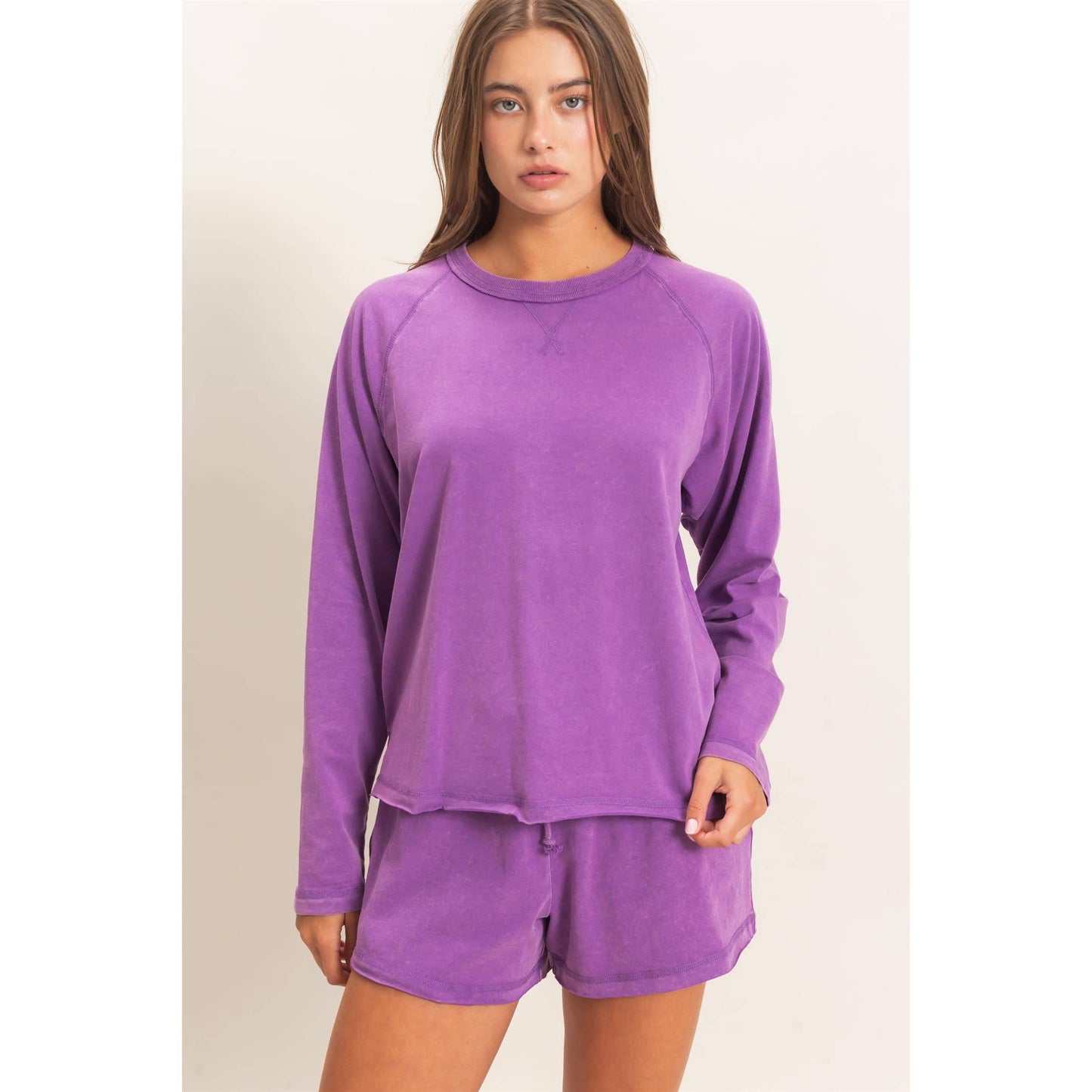 Double Zero Mineral Wash Long Sleeve Raw Edge Top & Shorts Set