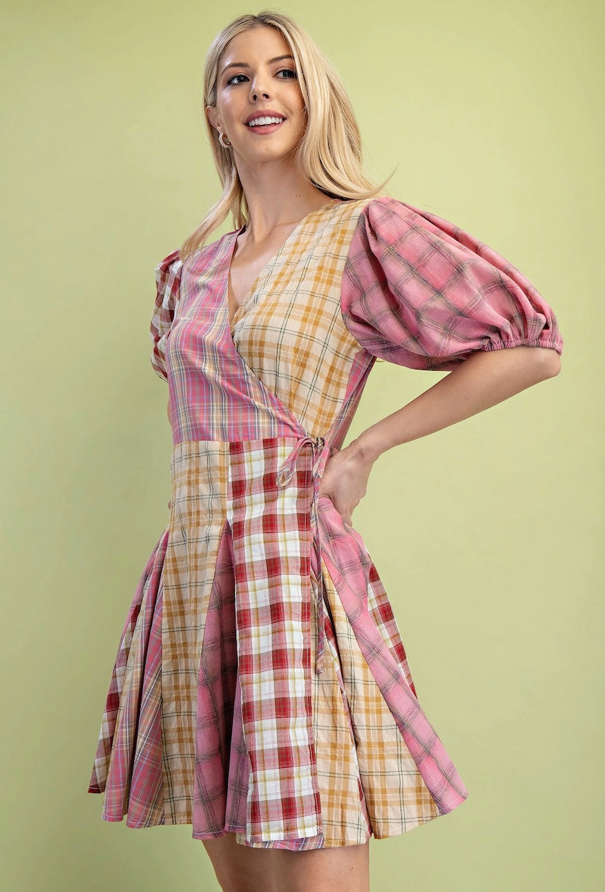 Gigio Mixed Check Print Mini Wrap Dress