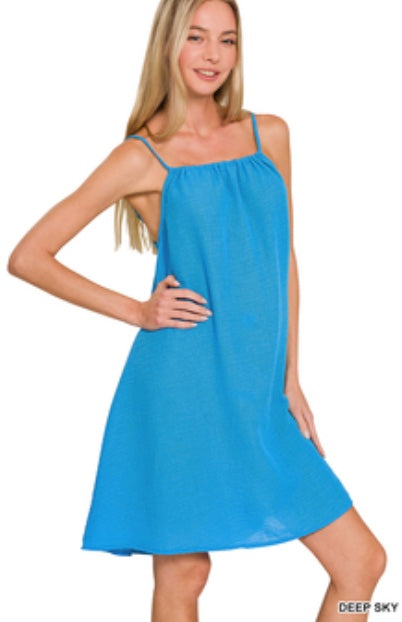 Zenana Woven Airflow Mini Dress Deep Sky