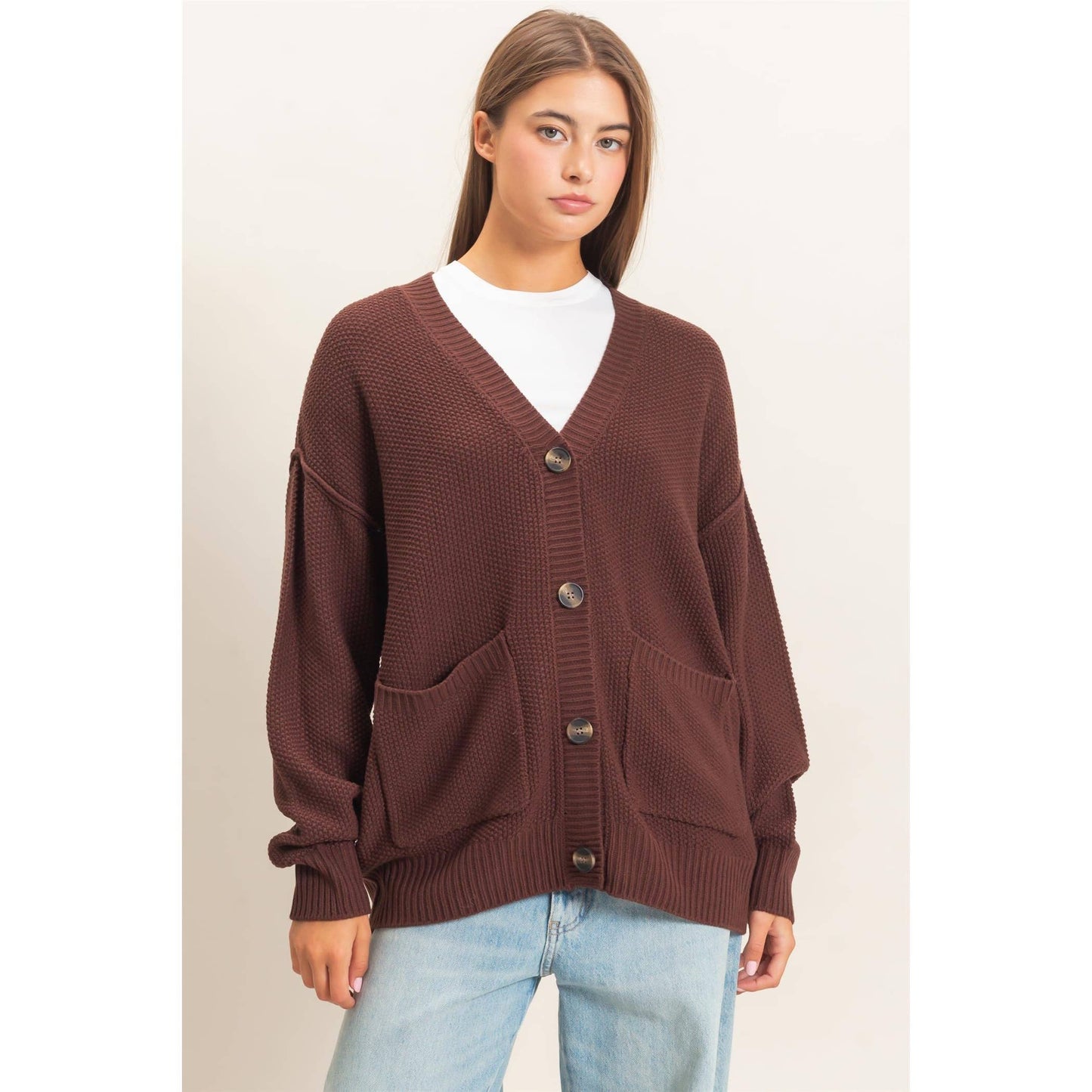 Textured Oversized Knit Buttoned Cardigan
