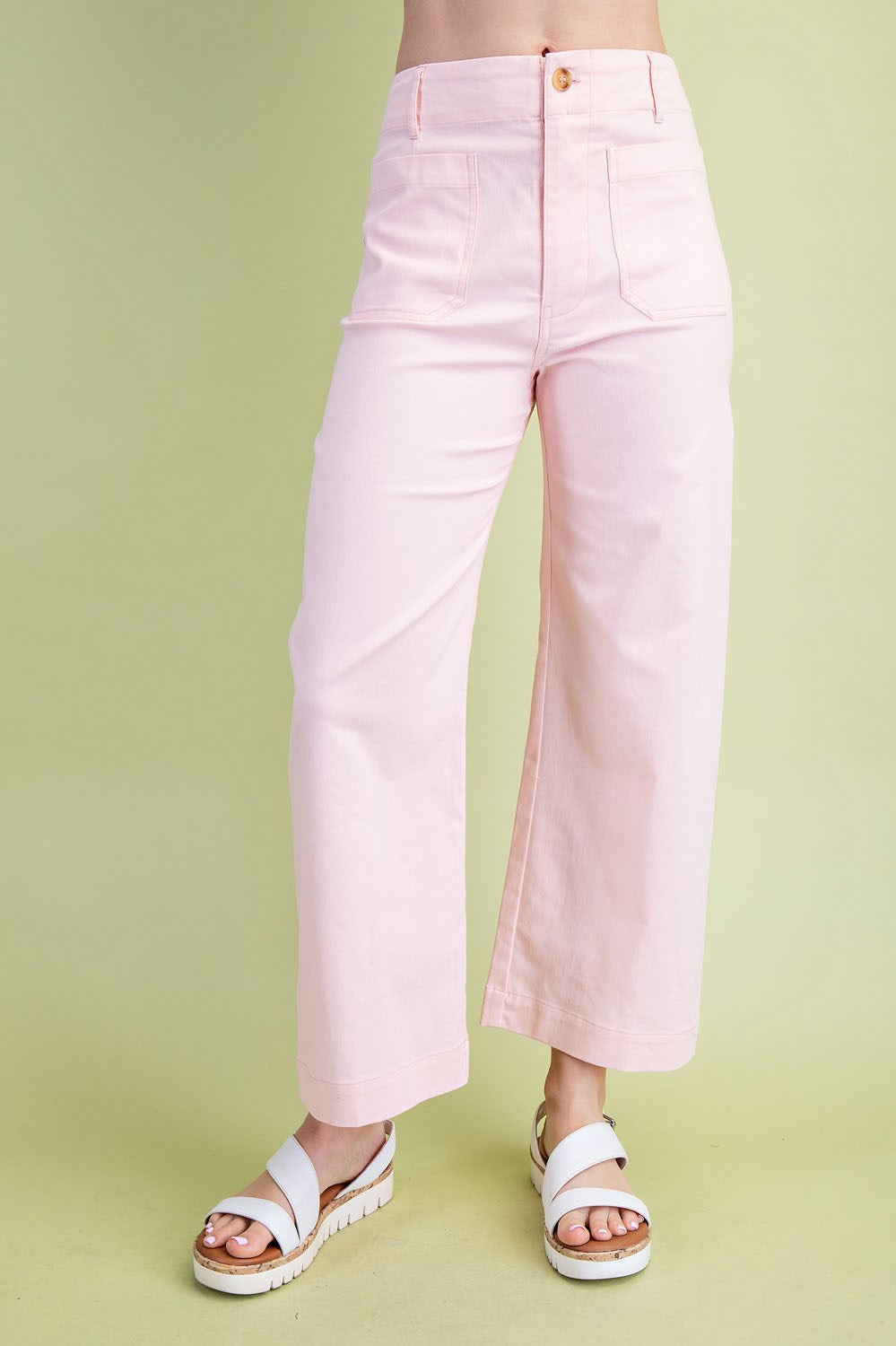 Gigio Ankle Cropped Summer Pants in a Stretchy Denim-Like Fabric with Pockets in Pink