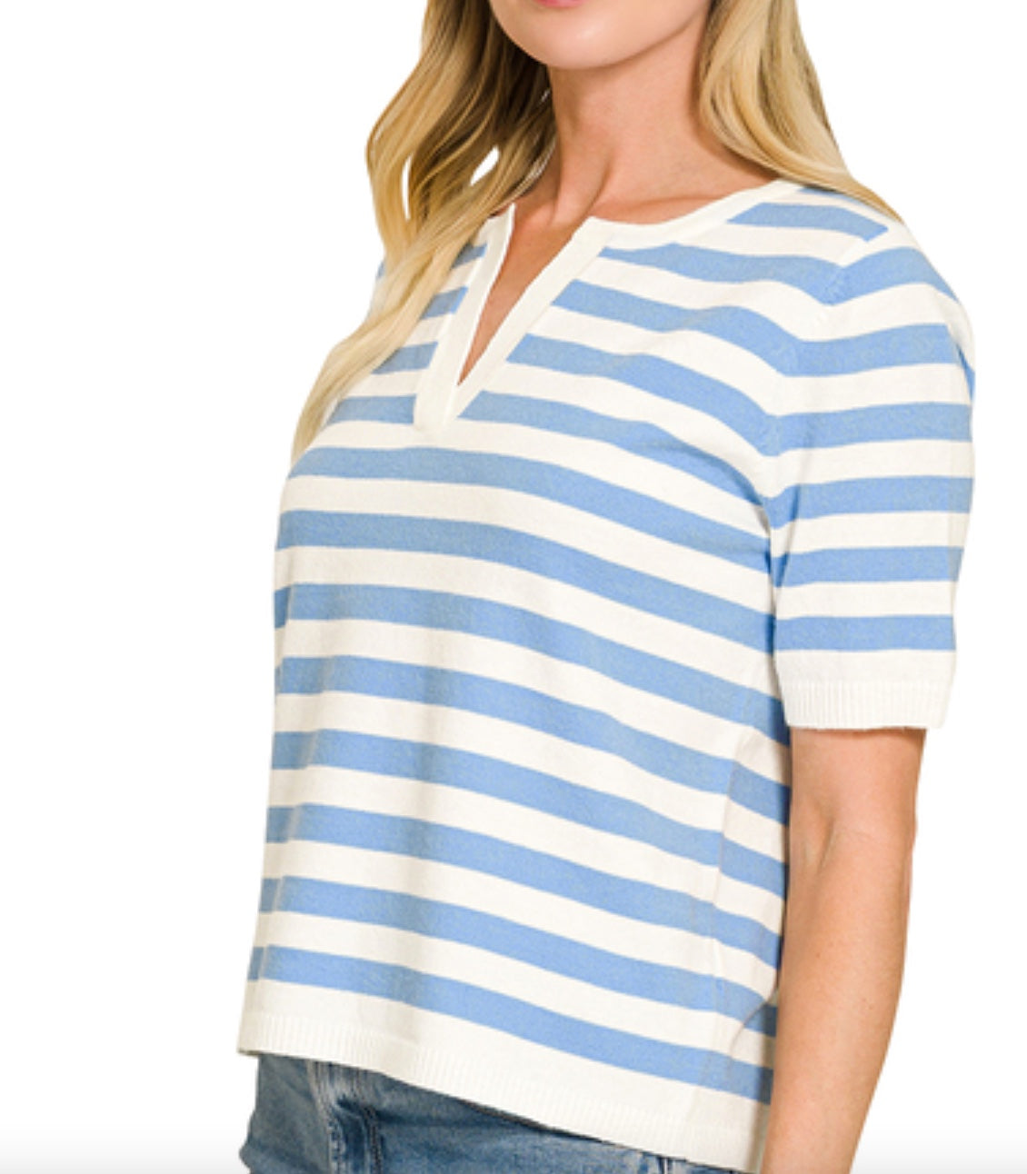 Zenana Split Neck Stripe Short Sleeve Sweater