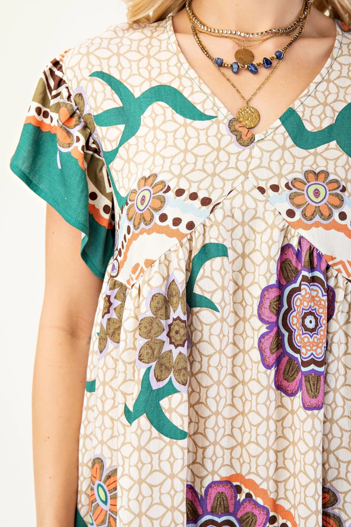 GiGio Printed V-Neck Short Sleeve Mini Dress with Back Tie