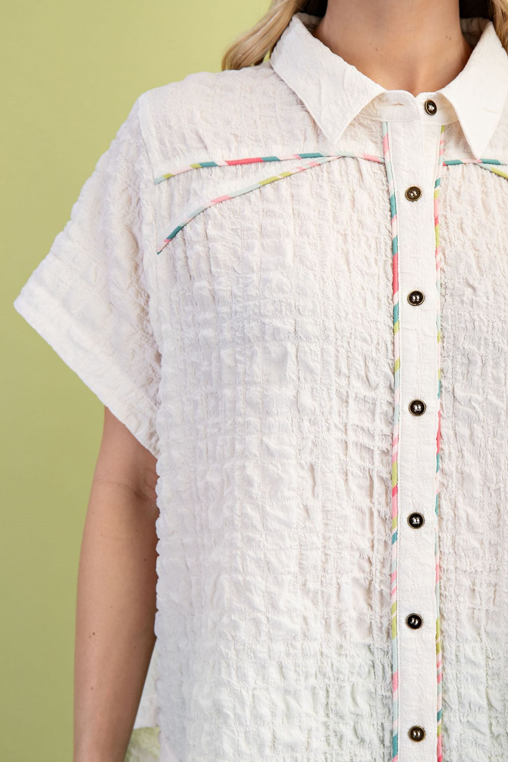 Gigio Textured Button Down Top with Colorful Piping Details