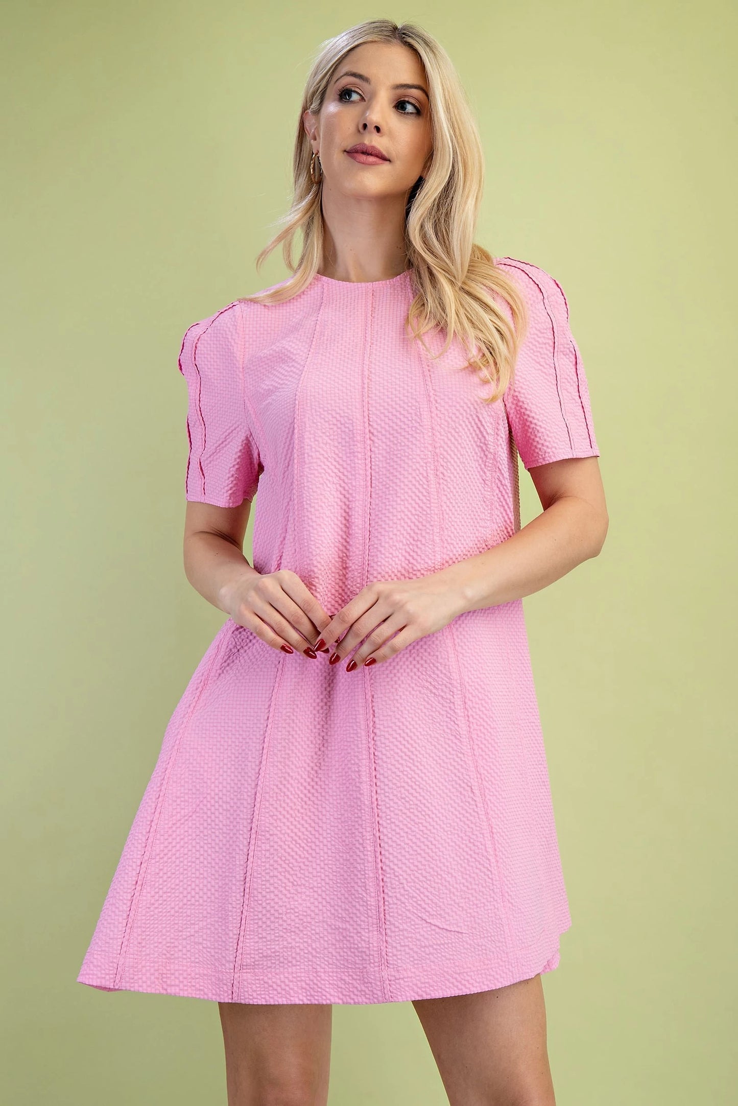 Gigio Pink Paneled Textured Round Neck Mod Mini Dress with Seaming Details