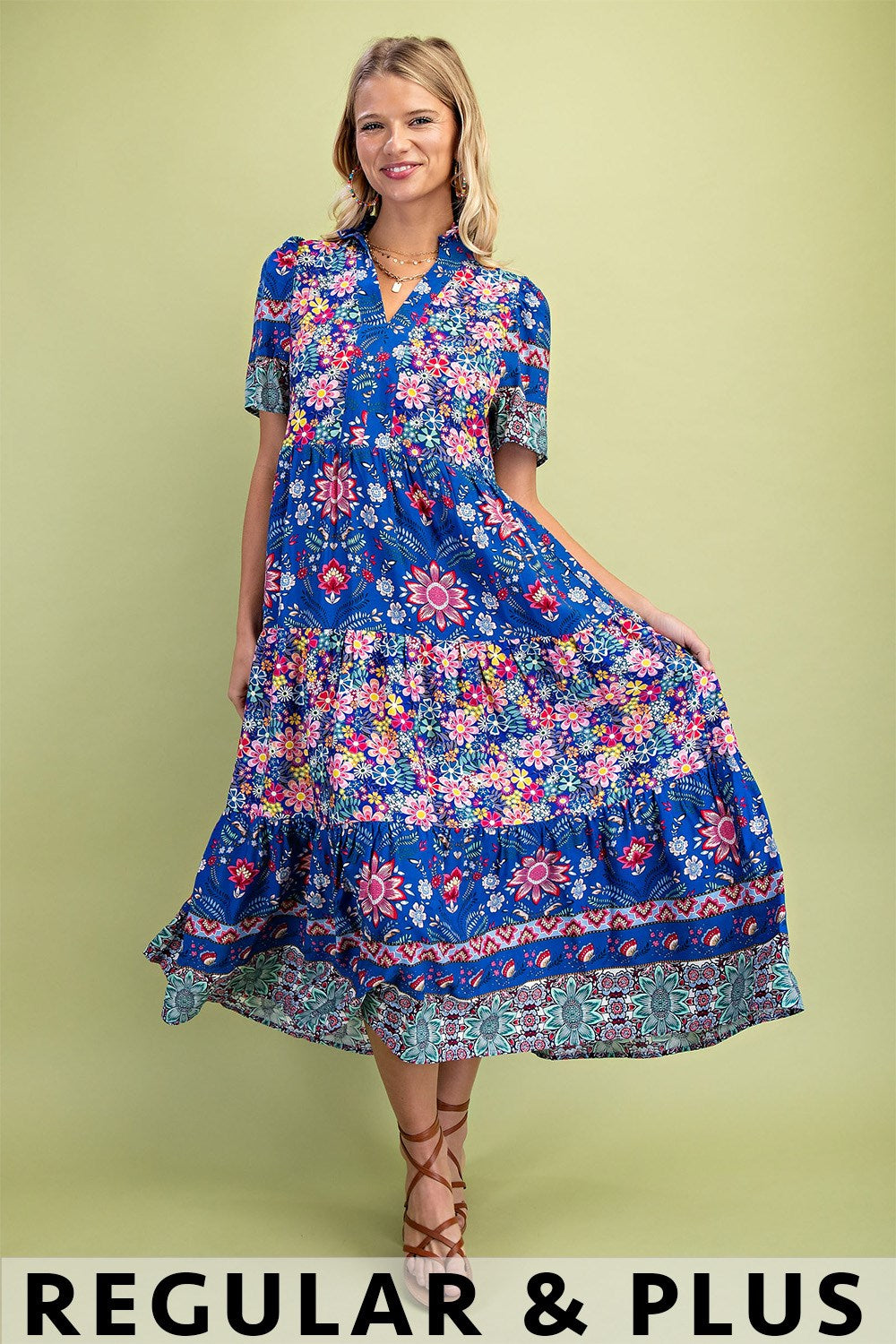 GiGio Mixed Print Tiered Midi Dress with Ruffle Neck