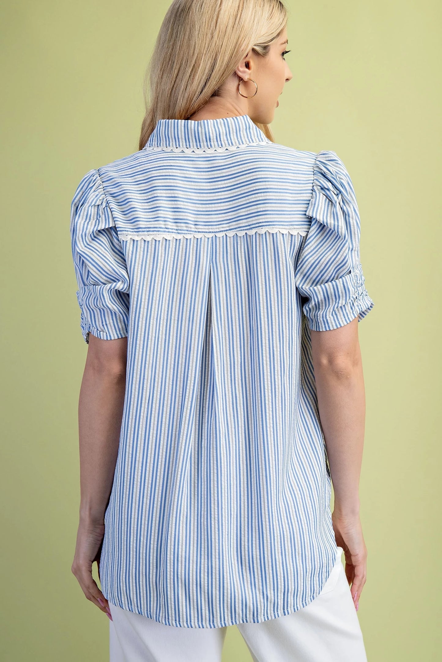 Gigio Lightly Textured Striped Button Down with a Ric-Rac Trim and Gathered Sleeves