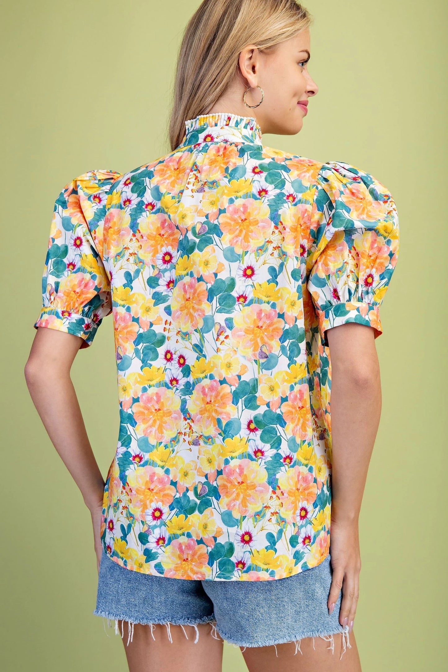 Gigio Bright Floral Puff Sleeve Top with Pintuck and Ruffle Details