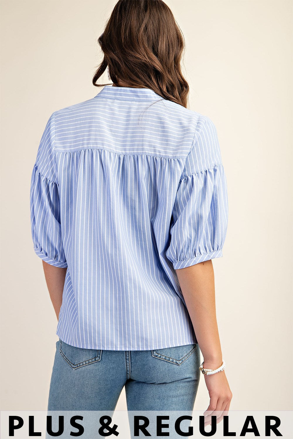 GiGio Striped Blouse with Quarter Length Bubble Sleeves in Blue Plus Size