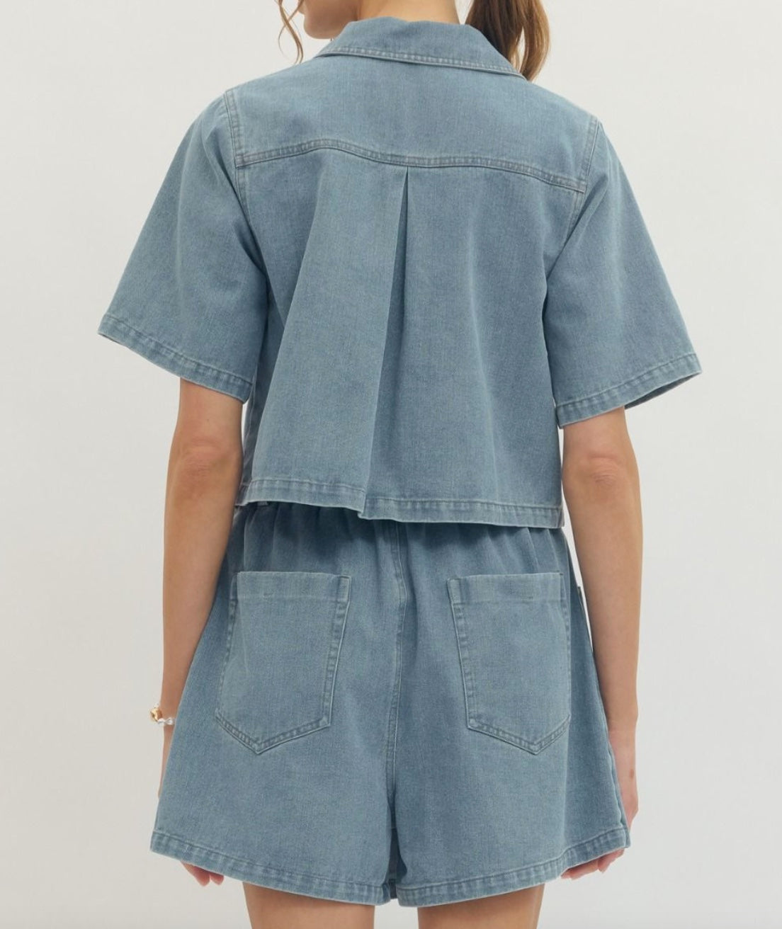 Entro Solid Short Sleeve Denim Woven Top and Short Set