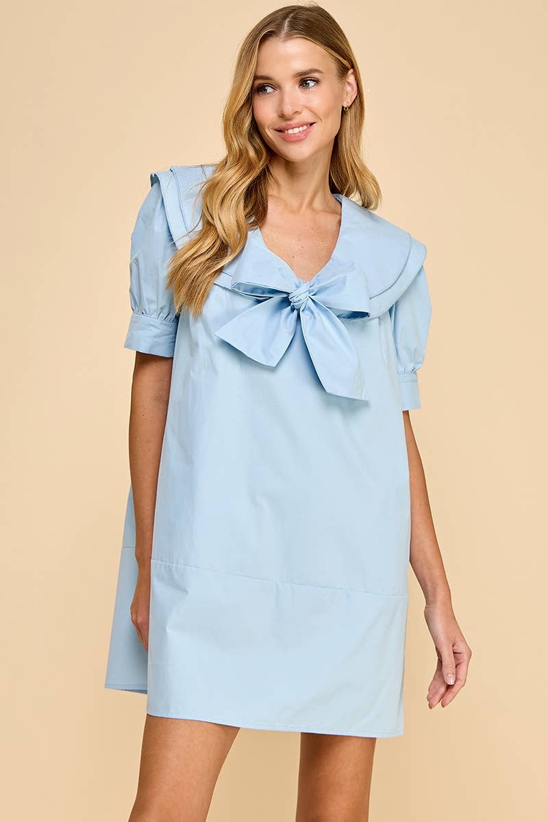 CD05223-Wide Sailor Collar Front Bow Tie Shift Dress