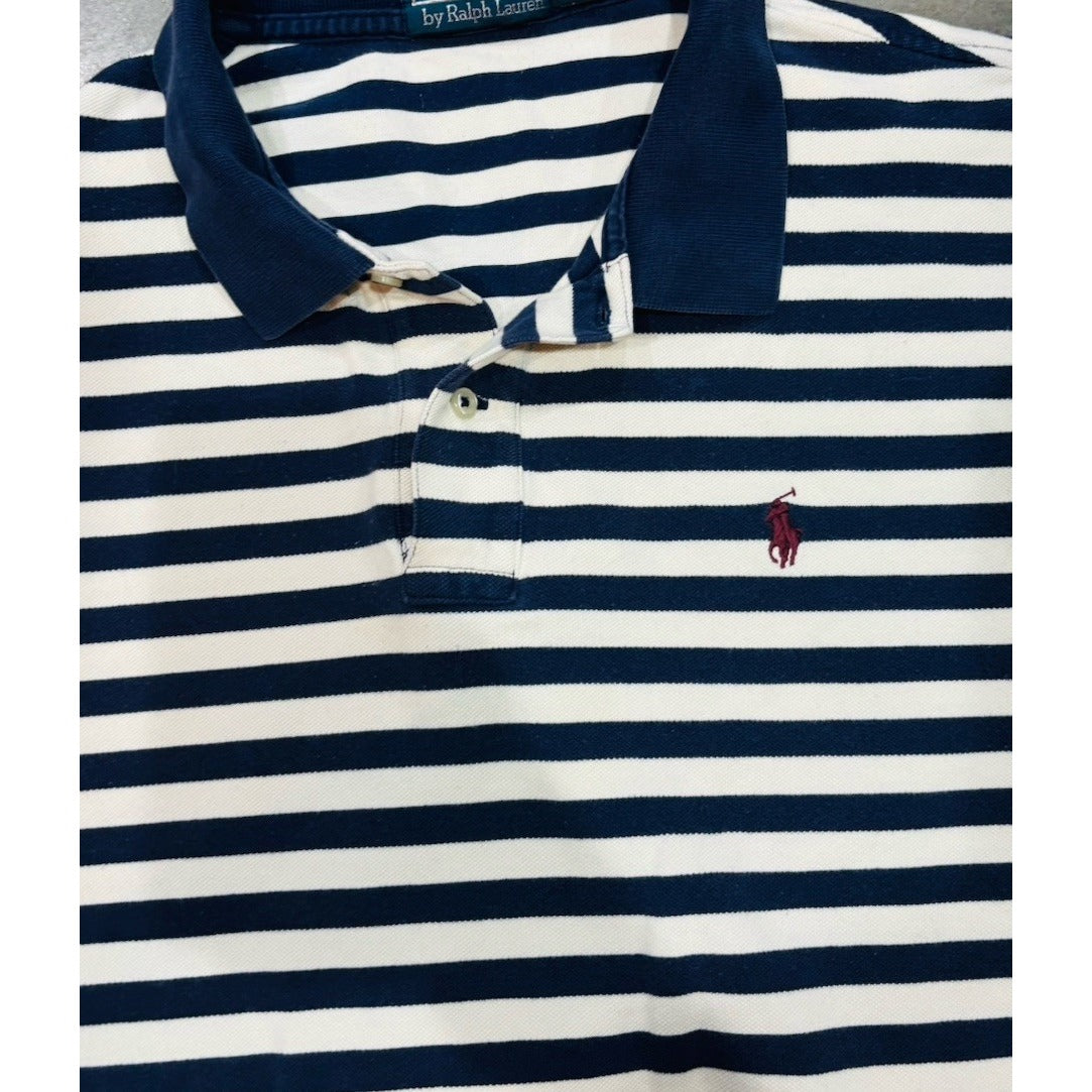 Ralph Lauren POLO Shirt Blue White Stripe Short Sleeve Maroon PONY Mens XXL
