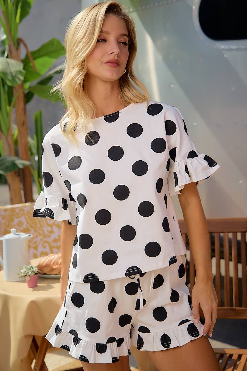 BiBi POLKA DOTS PRINTED RUFFLED DETAIL TOP AND SHORTS SET