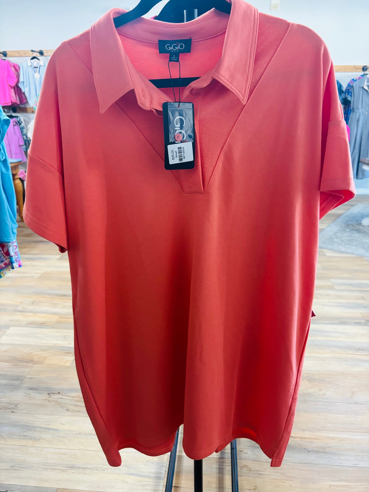 GiGio Mixed Jersey Polo Style Mini Dress in Peach