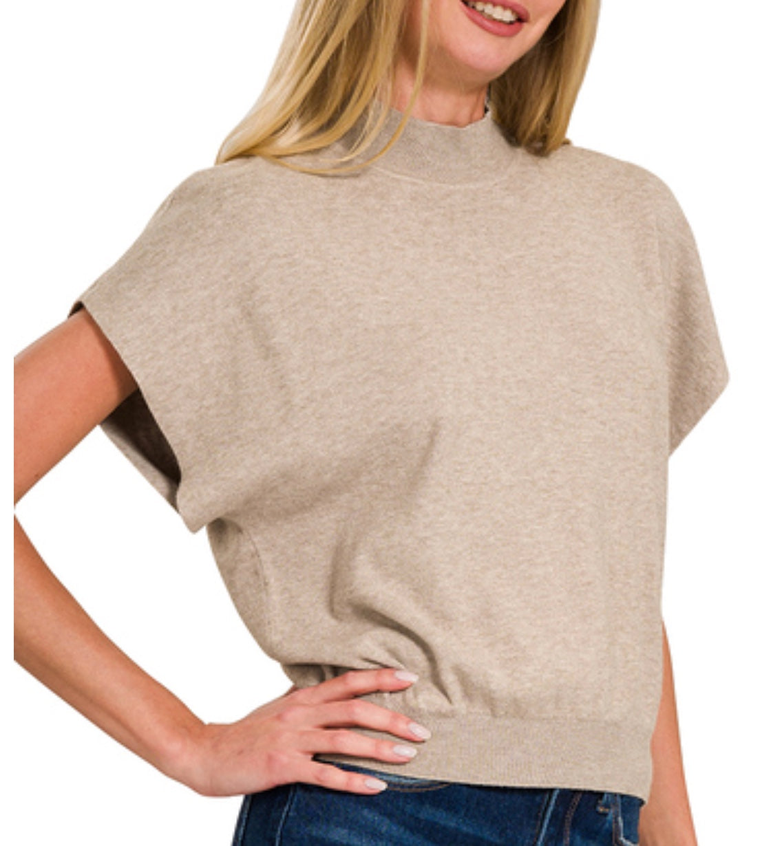 Zenana Mock Neck Short Dolman Sleeve Sweater