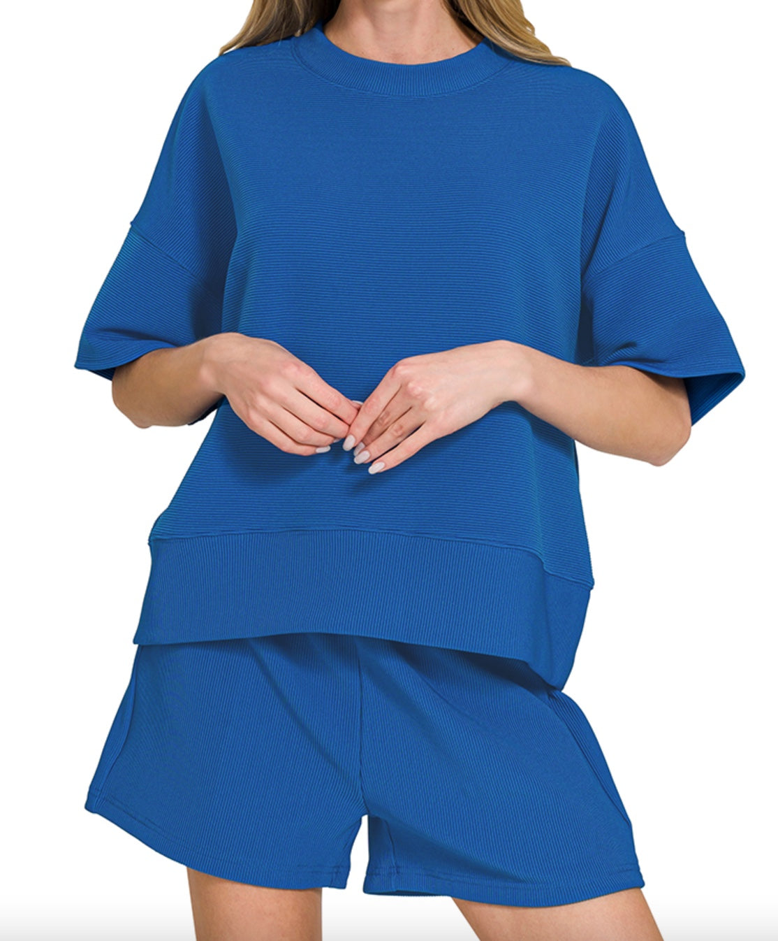 Zenana Ribbed round neck waist banded tee & shorts set Classic Blue