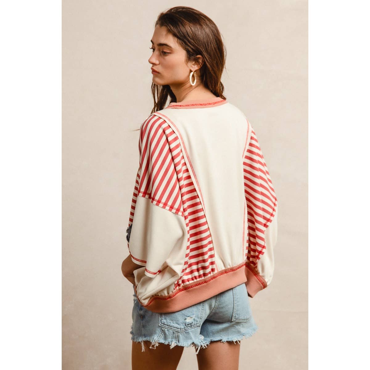 WASHED DENIM USA PATCHWORK STRIPES MIX TOP