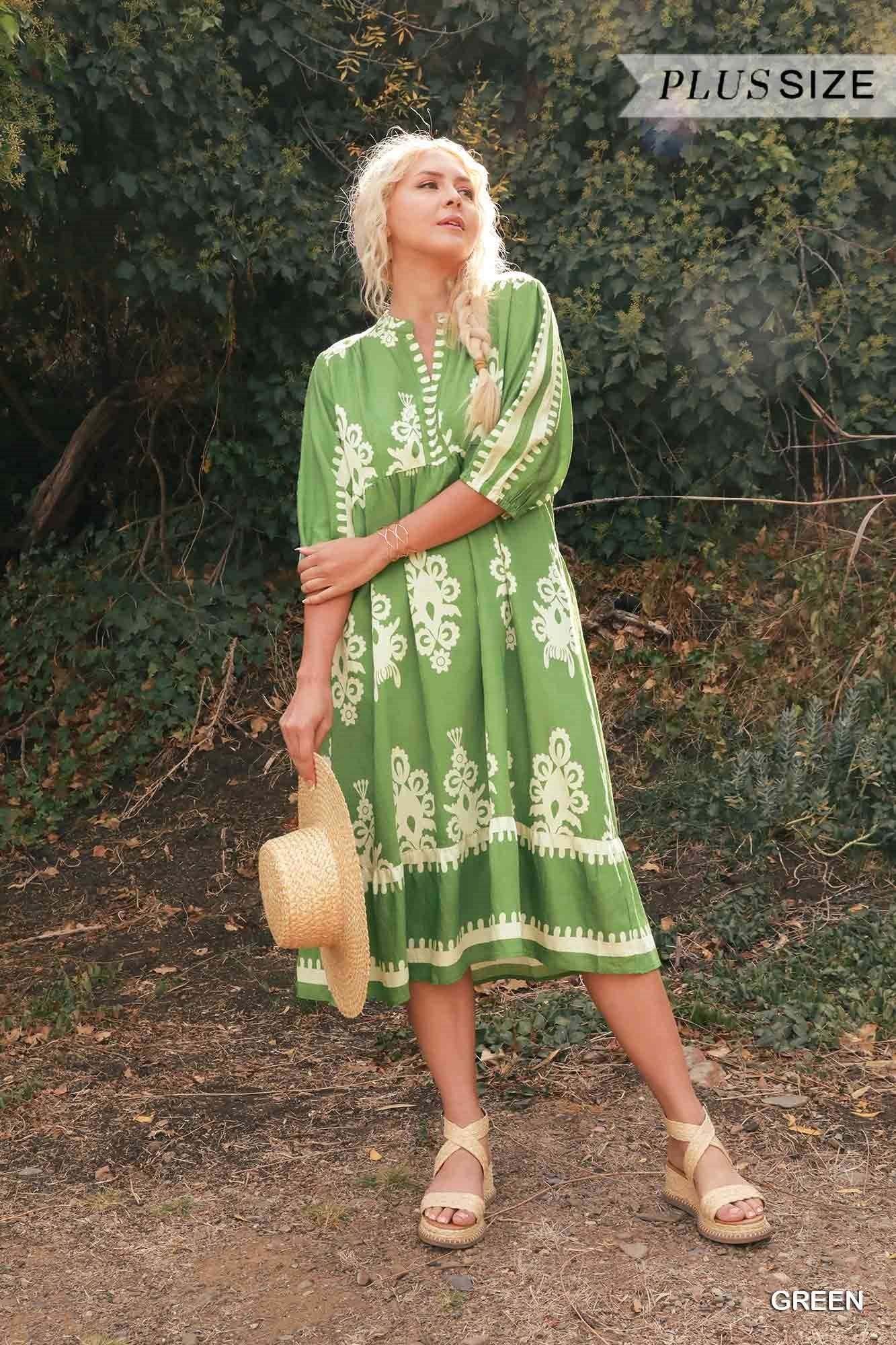 Umgee Abstract Print Midi Dress Plus Green