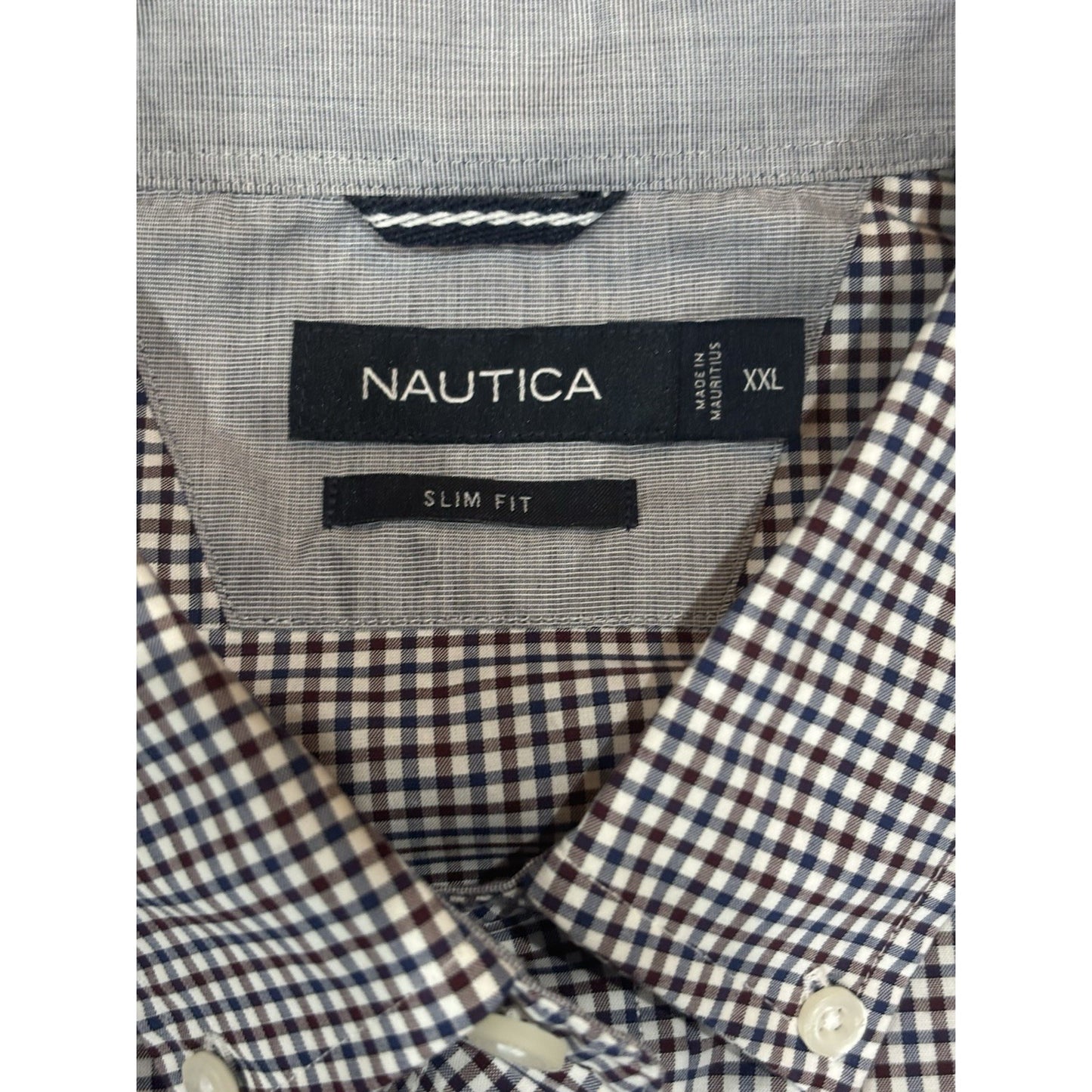 NAUTICA Mens Shirt 2XL Navy Maroon Gingham Cotton Slim Fit