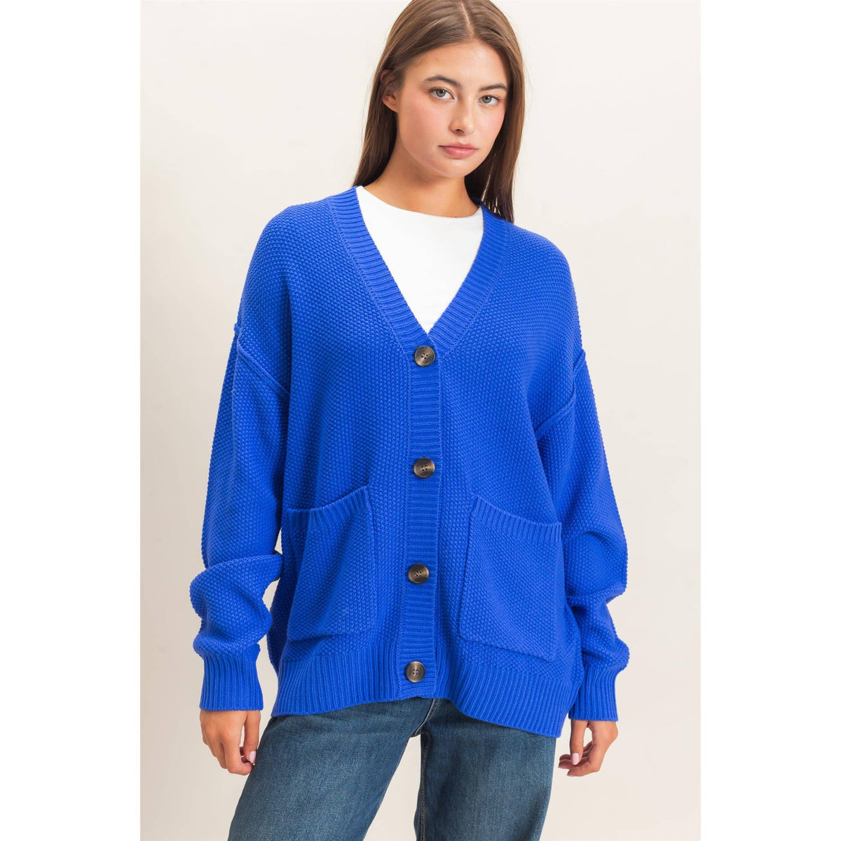 Double Zero Textured Oversized Knit Buttoned Cardigan