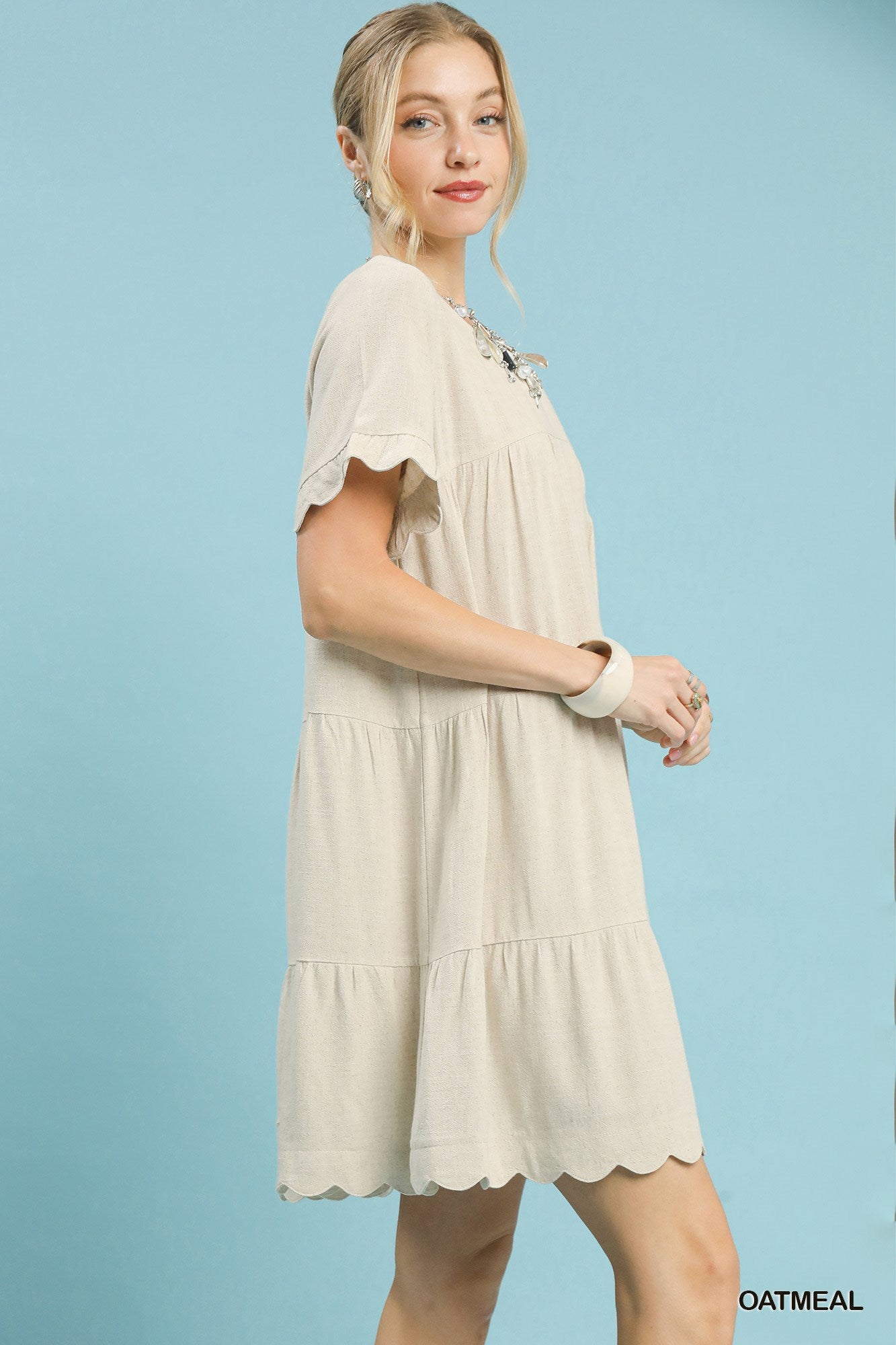 Umgee Linen Tiered Babydoll Dress with Ruffle Sleeves in Oatmeal