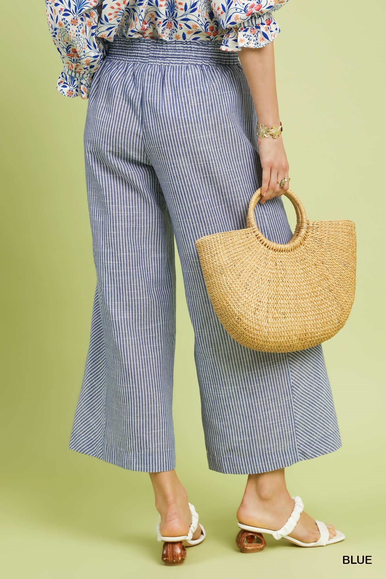 Umgee Linen Blend Sriped Wide Leg Pants in Blue