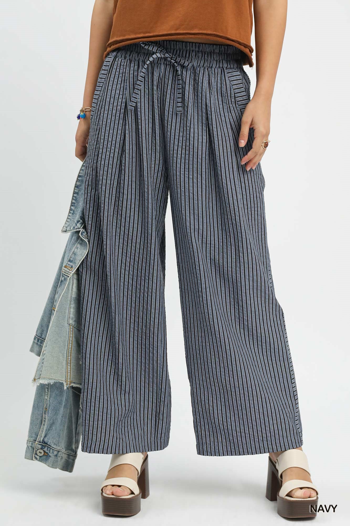 Umgee Striped Wide-Leg Pants in Navy