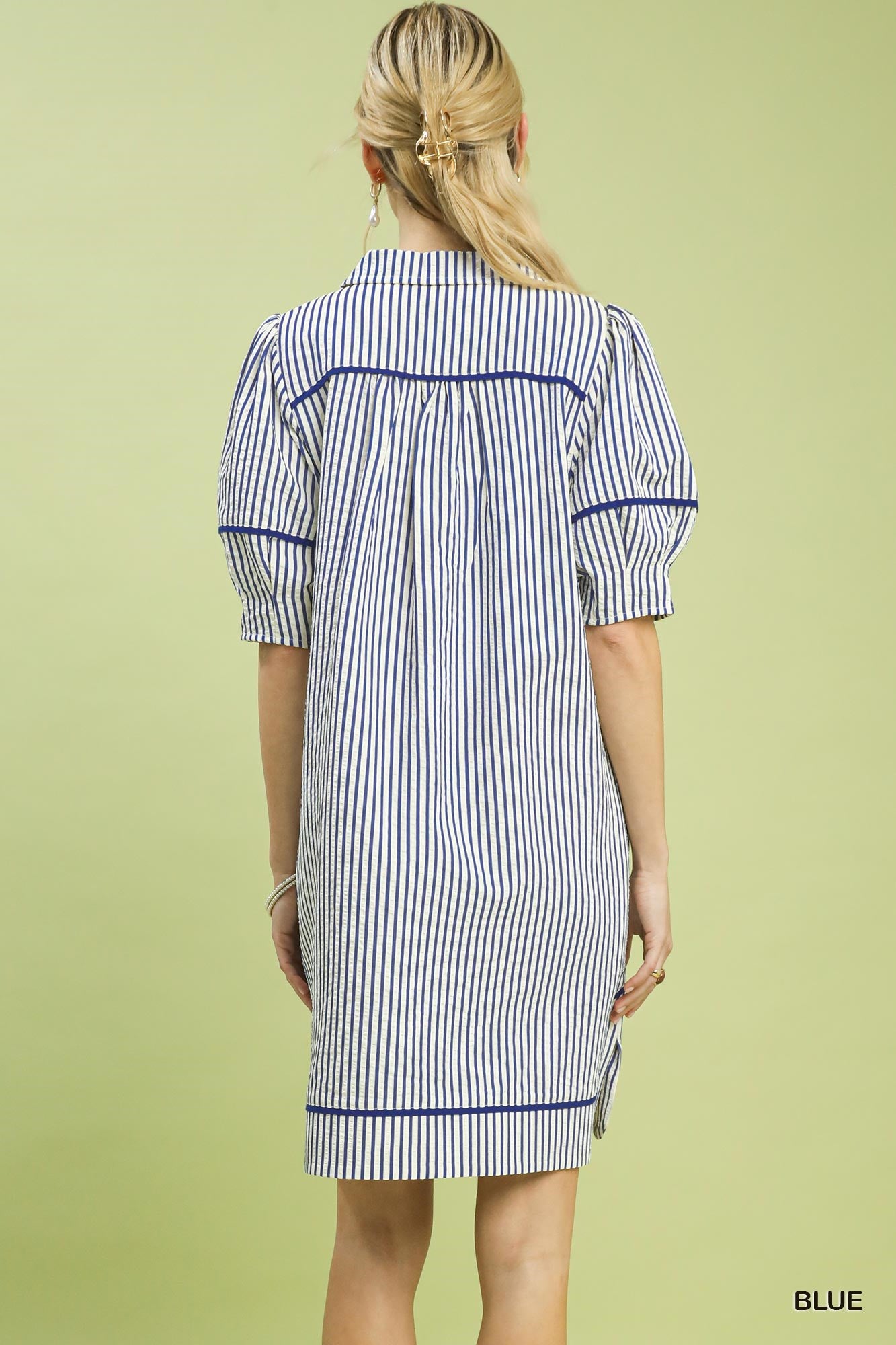 Umgee Strip Collared Shift Dress in Navy
