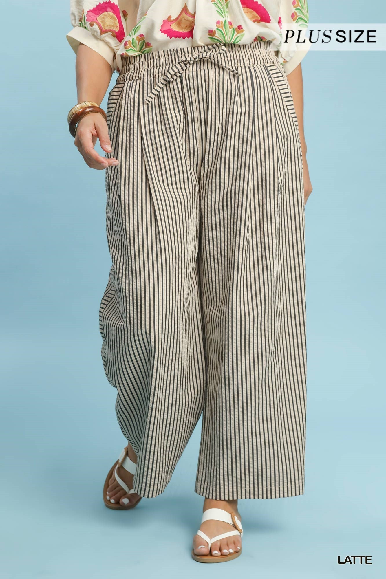 Umgee Striped Wide-Leg Pants in Latte Plus Size