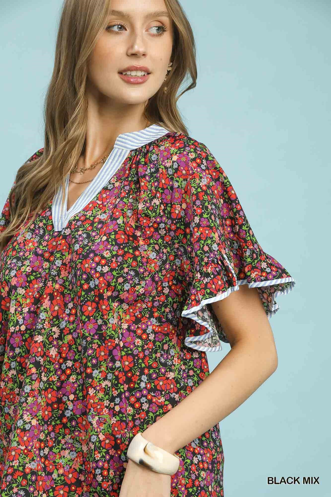 Umgee Ruffle Sleeve Contrast Trim Blouse