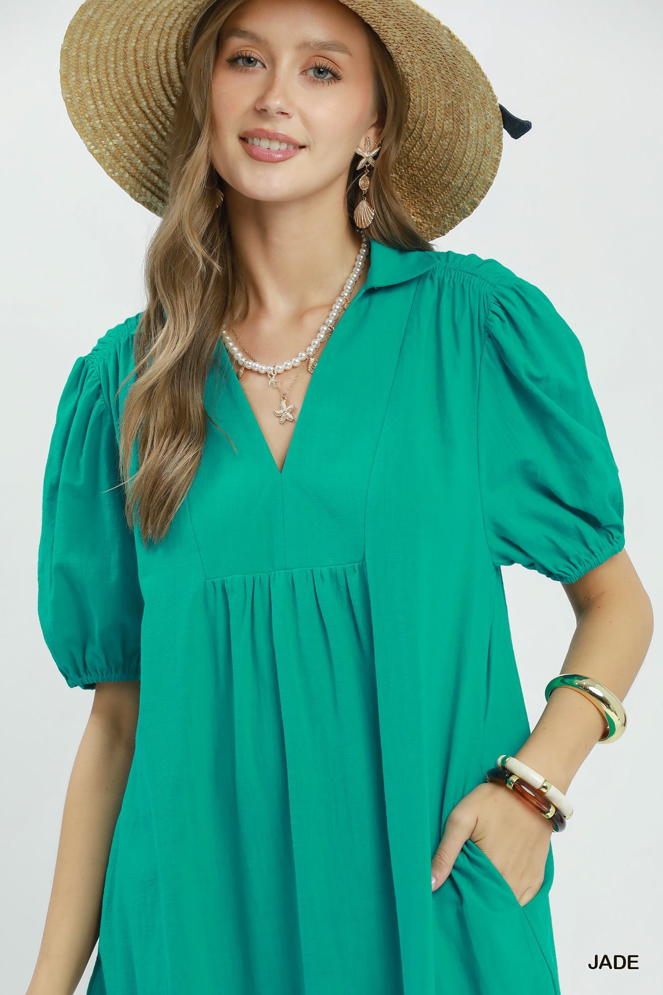 Umgee Solid Tiered Midid Dress in Jade