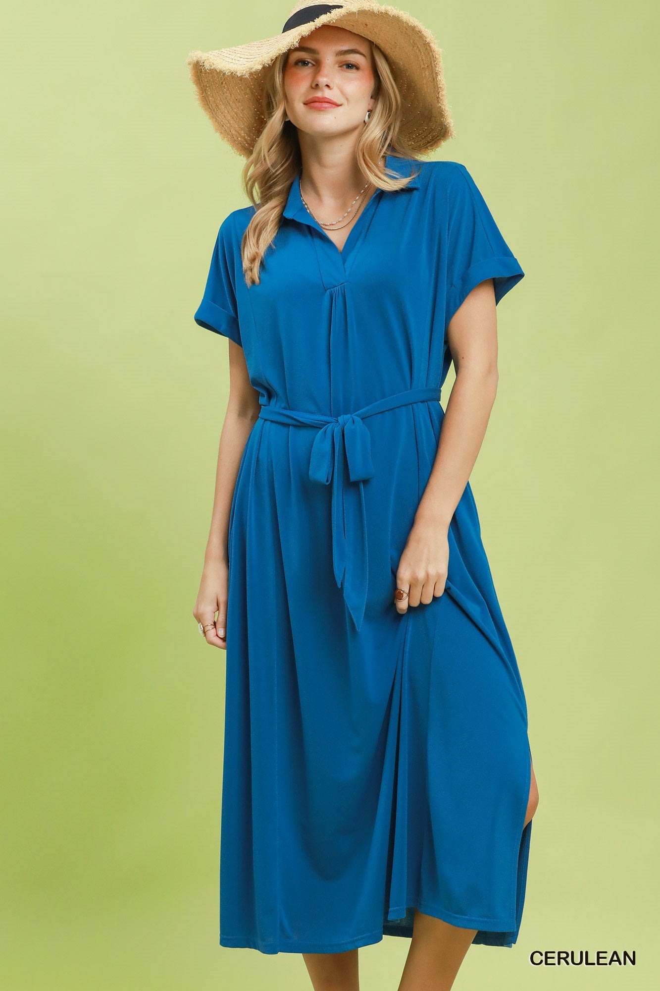 Umgee Collared V-Neck Belted Midi Dress in Blue