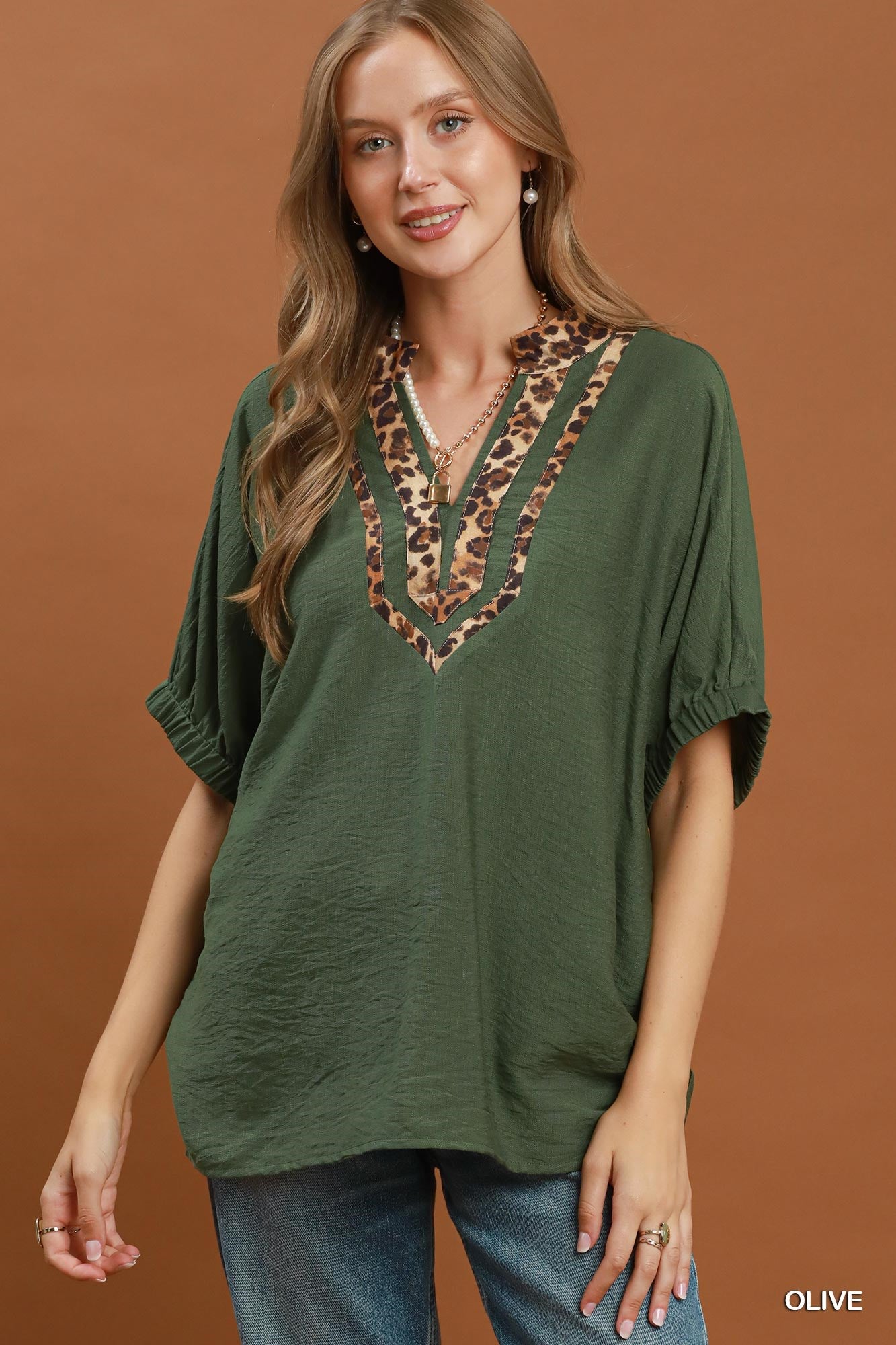 Umgee Leopard Trim Dolman Sleeve Blouse
