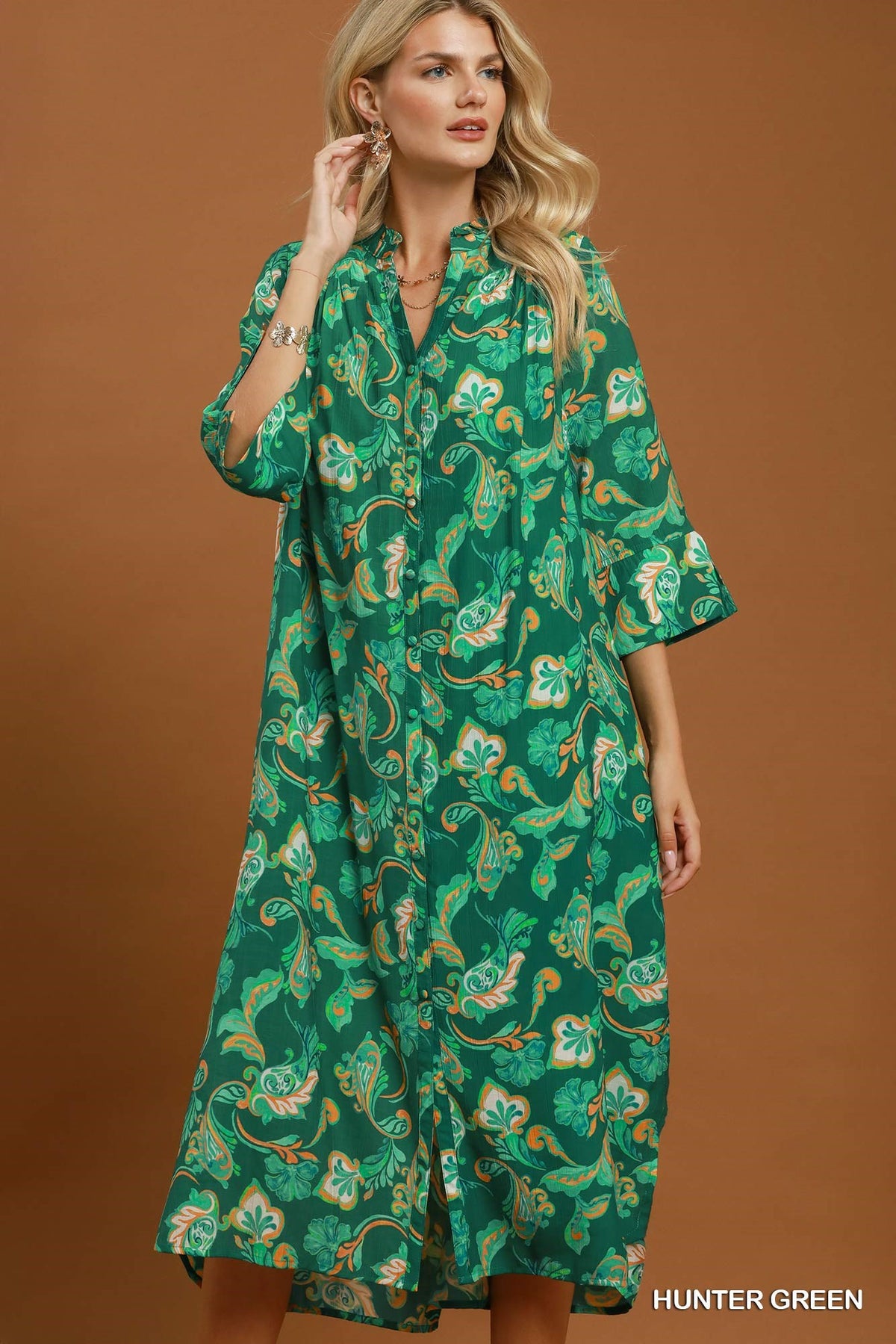 Umgee Paisley Print Button -Front Maxi Shirt Dress