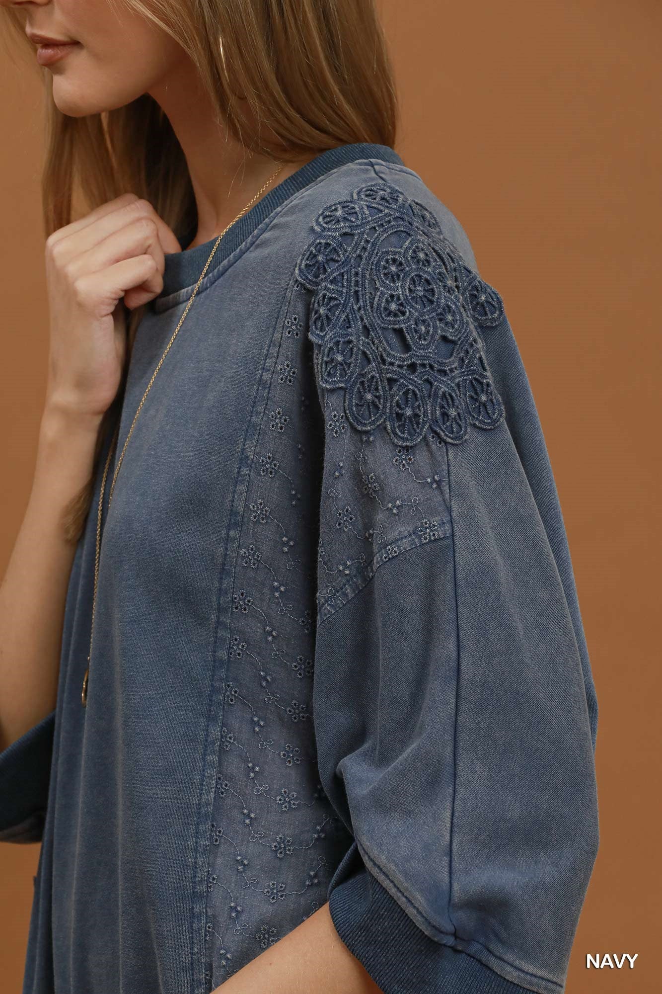 Umgee Mineral Wash Lace Patch Pullover