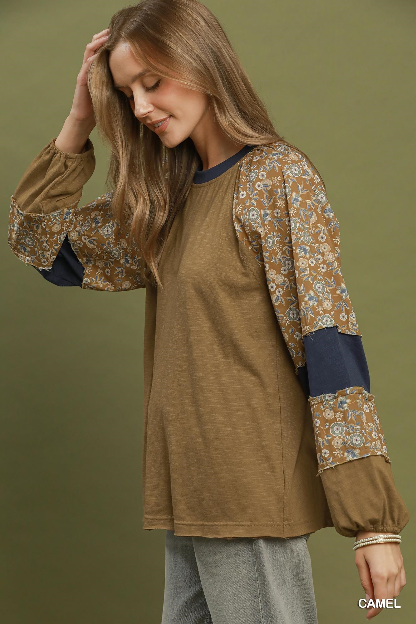 Umgee Floral Mixed Media Color Block Top
