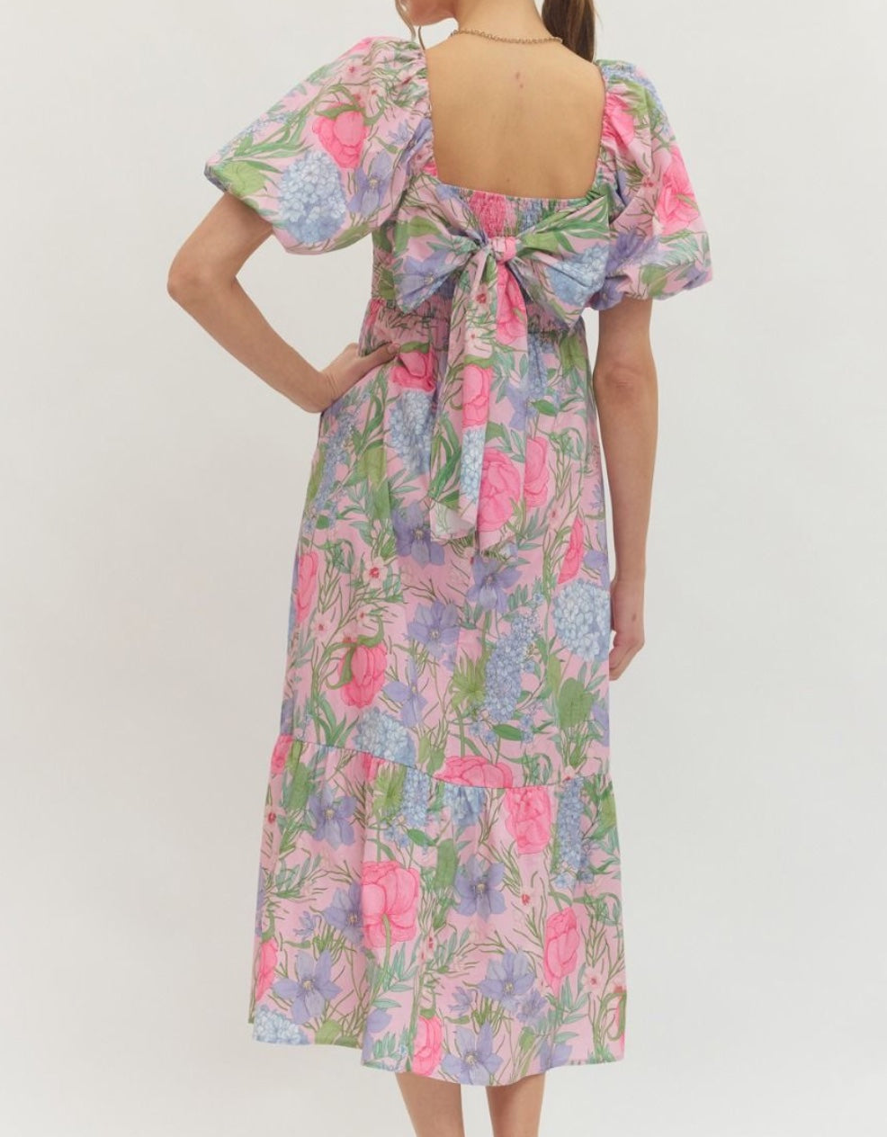 Entro Floral Print Short Puff Sleeve Midi Dress with bow back