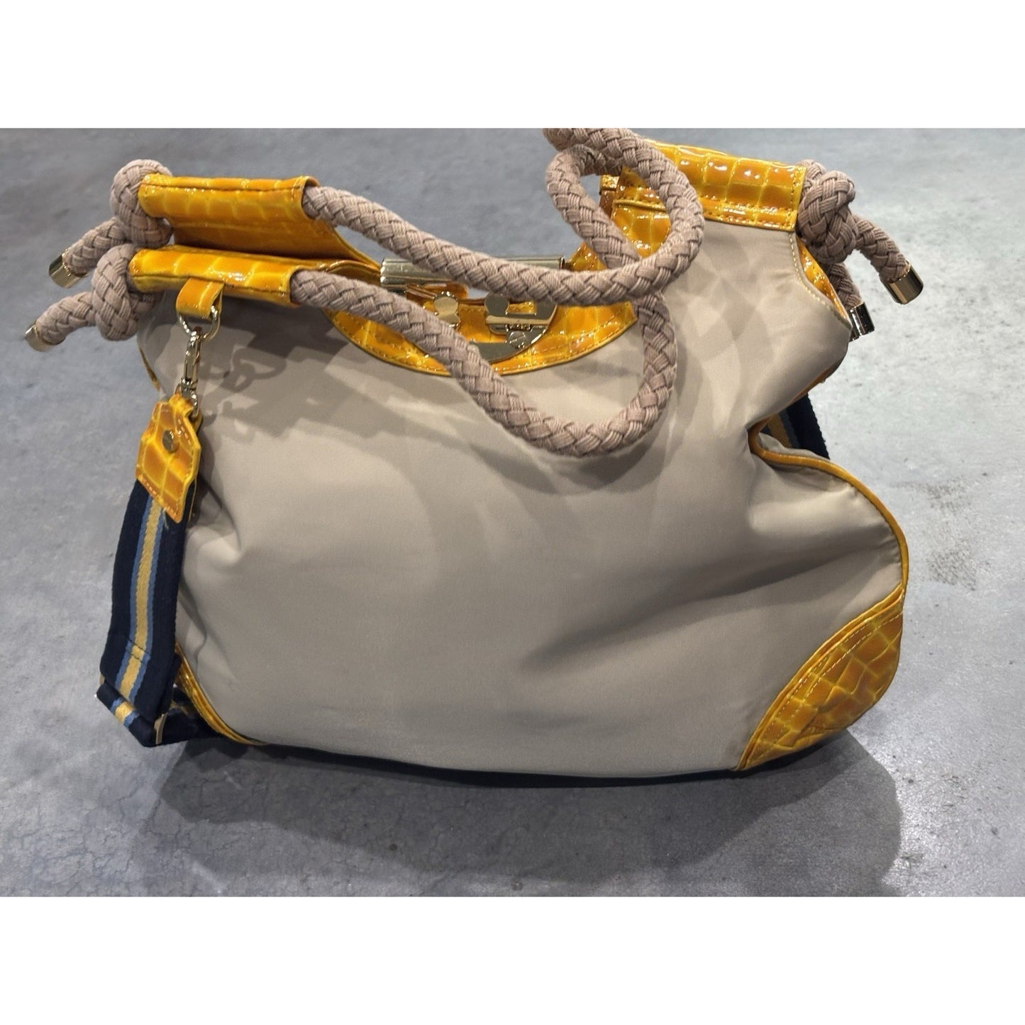 Tory Burch Croc And Nylon Hobo Bag Yellow Nautical Navy Strap