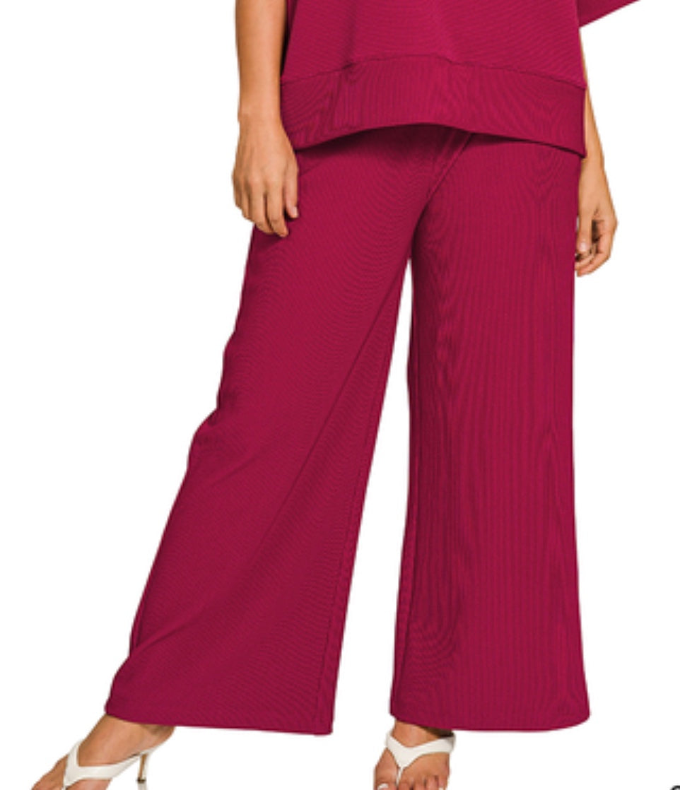 Zenana Ribbed Round Neck Tee & Pants Set Plus Size