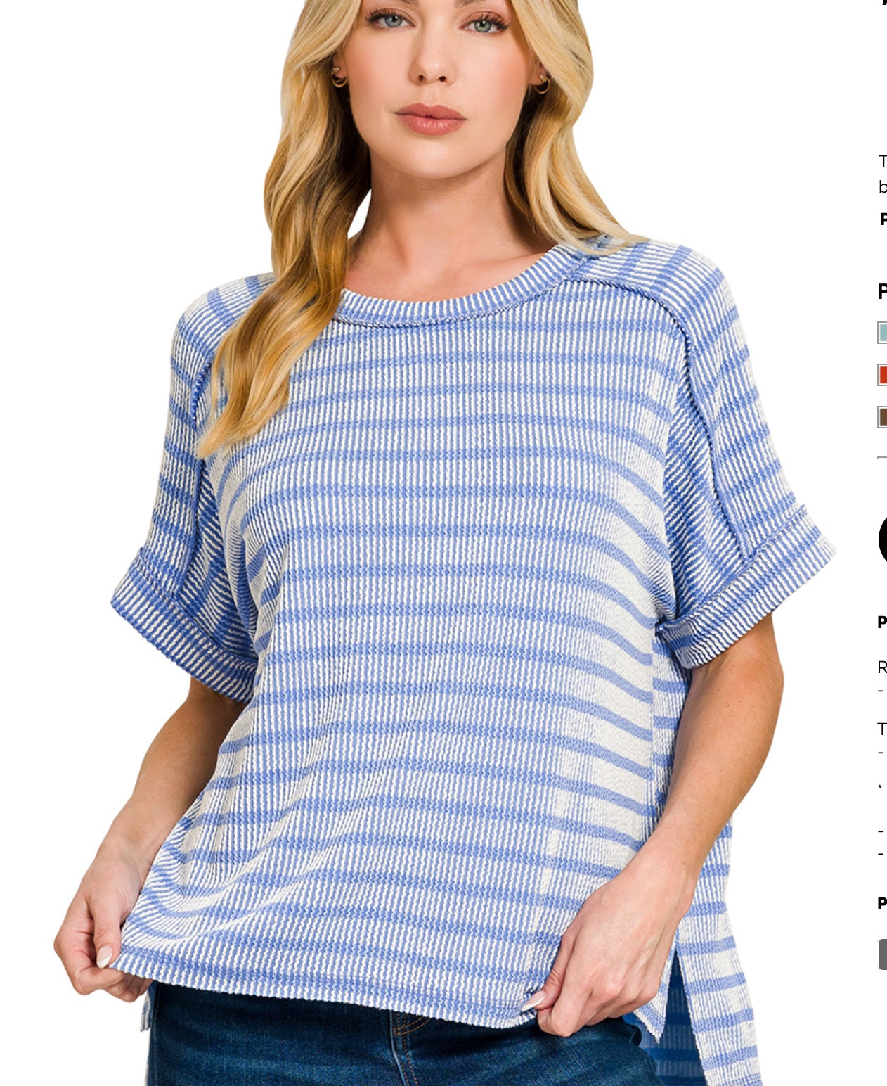 Raised rib striped exposed seam top Cornflower Blue