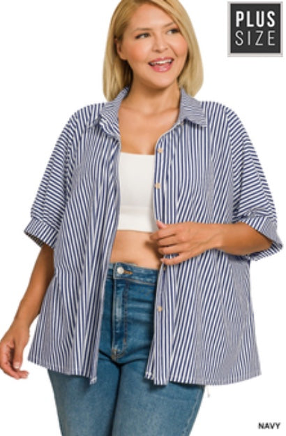 Zenana Plus Oversized Striped Button-Down Stretch Knit Shirt Navy