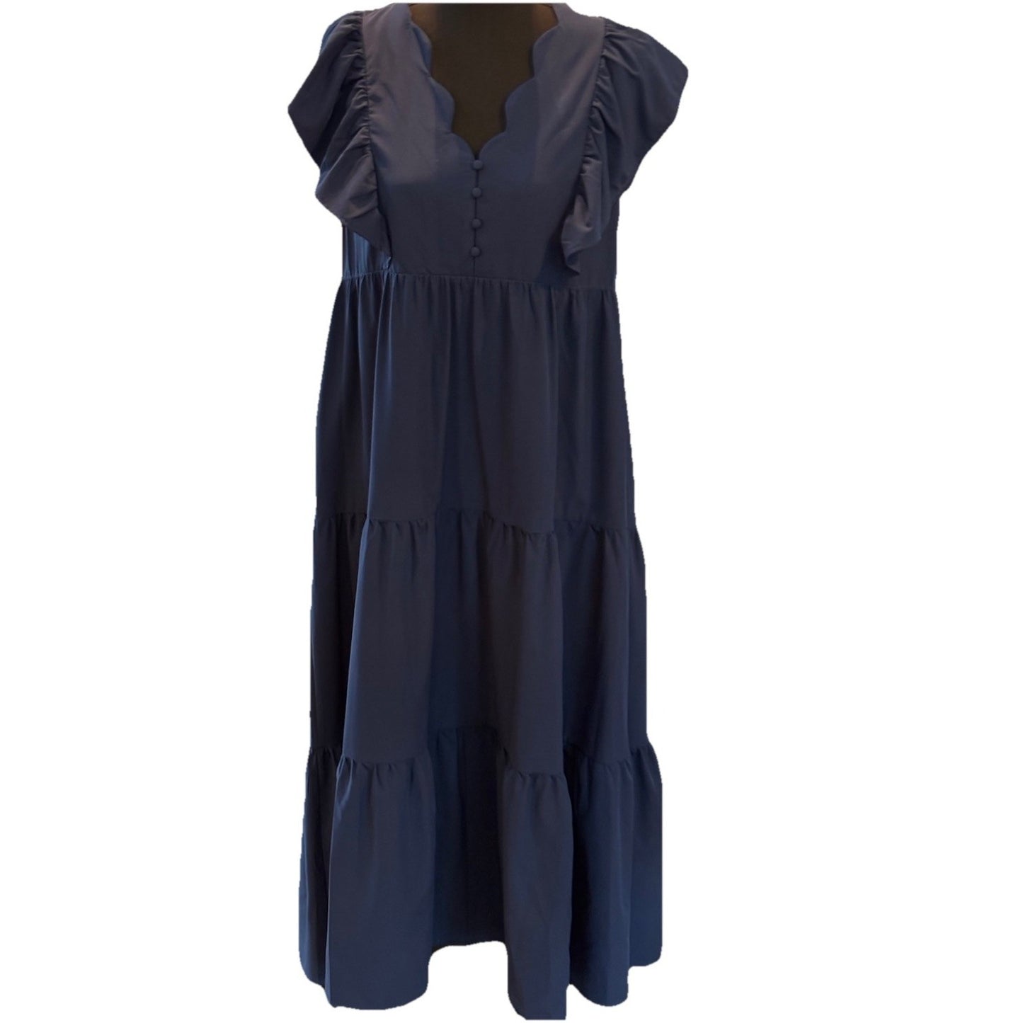 Entro Tiered Flutter Sleeve Navy Midi Dress Size Medium