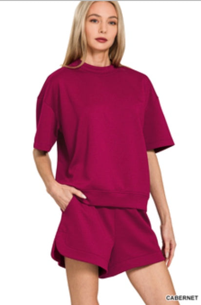 Zenana Scuba High Neck Top & Dolphin Shorts Set Cabernet