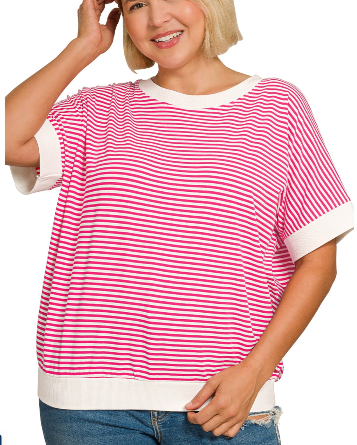 Plus stripe contrast trim rib banded top in Pink
