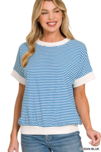 Zenana Stripe Contrast Trim Rib Banded Top in Blue
