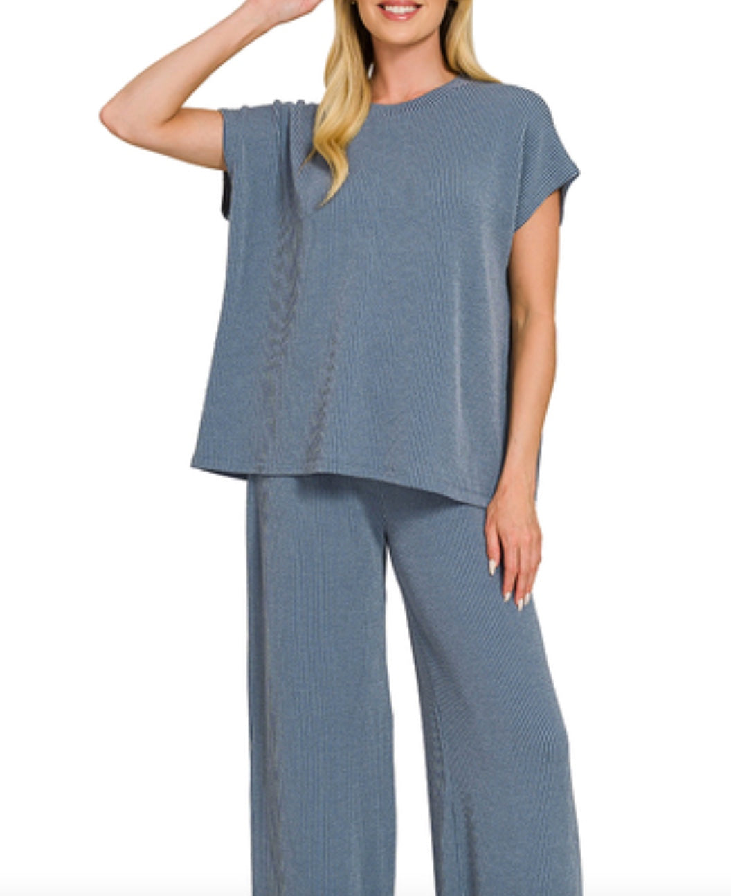 Zenana Raised Rib Relaxed Top & Pants Set in Dark Denium