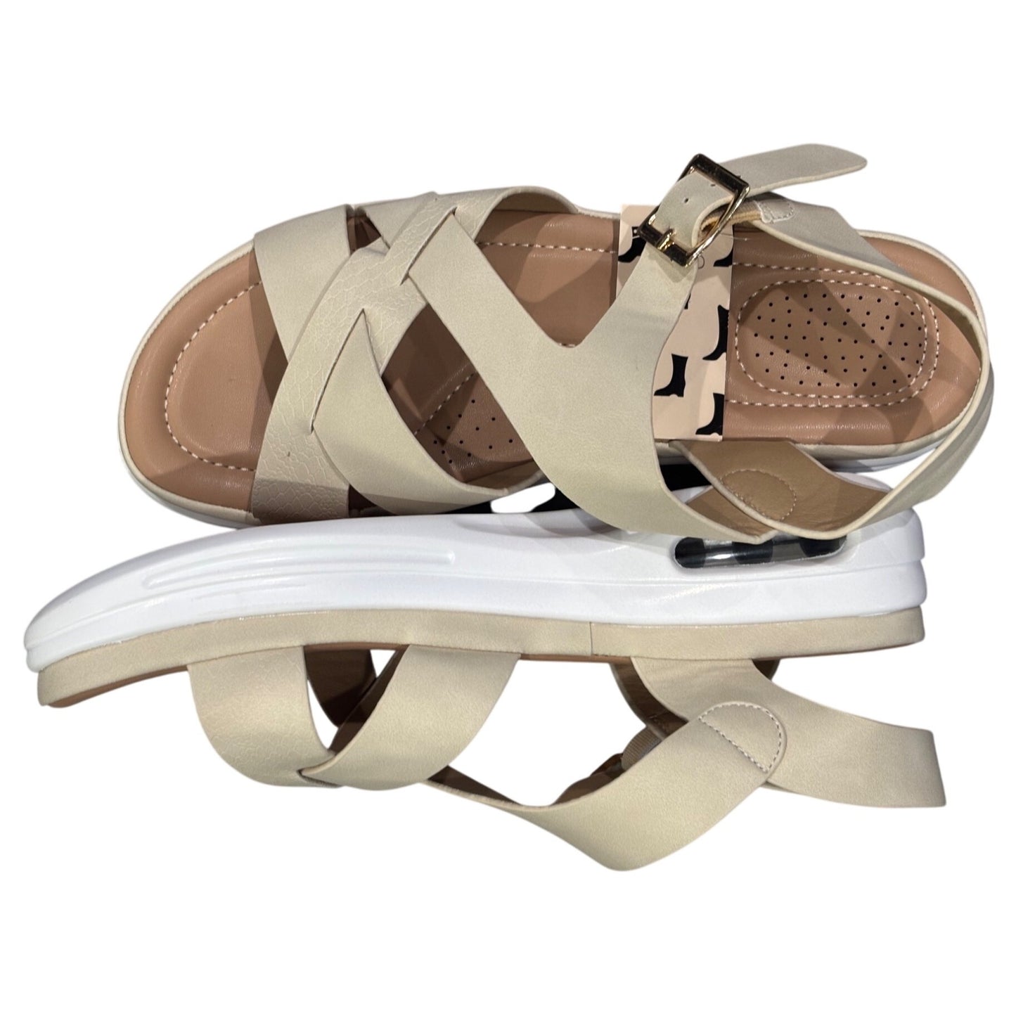 Mysoft NWT Womens comfy walking Beige Strappy Sandals With Buckle Closure & Air Cushion Sole Size 7.5 US