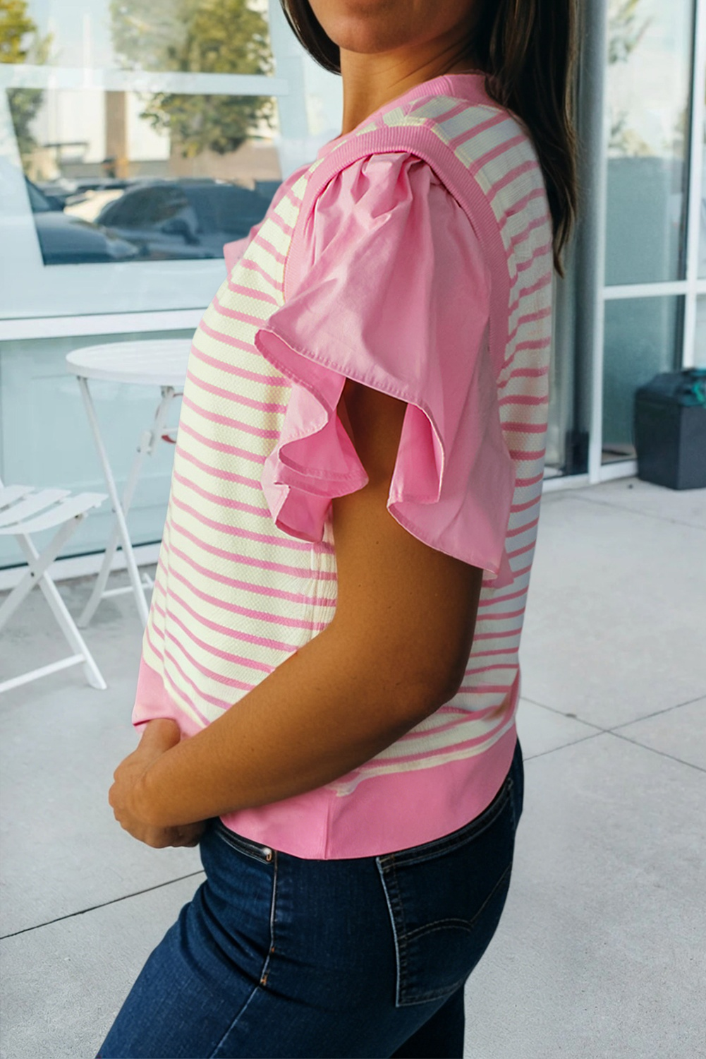 Stripe Ruffled Short Sleeve Patchwork Blouse