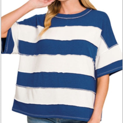 Zenana French terry striped exposed seam top Blue