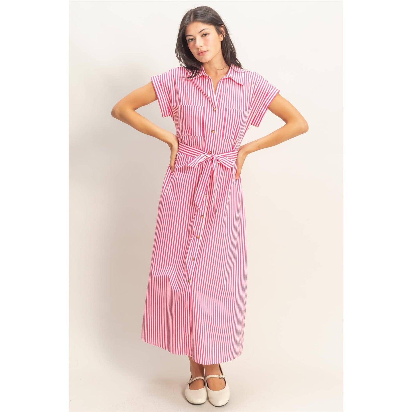 Double Zero Striped Poplin Belted Shirt Dress With Pockets Pink